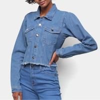 Jaqueta Jeans Influencer Cropped Manga Bufante Barra Desfiada Feminina - Azul