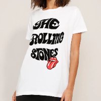 camiseta de algodão da banda the rolling stones flocada manga curta decote redondo off white
