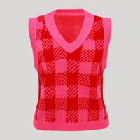 colete de tricô feminino mindset estampado xadrez vichy decote v rosa
