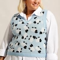 colete de tricô estampado de ovelhas plus size decote v mindset azul claro