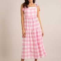 vestido midi de viscose estampado xadrez alça larga com amarração decote reto rosa