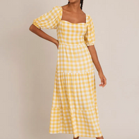 vestido midi de viscose estampado xadrez vichy com recortes manga bufante amarelo