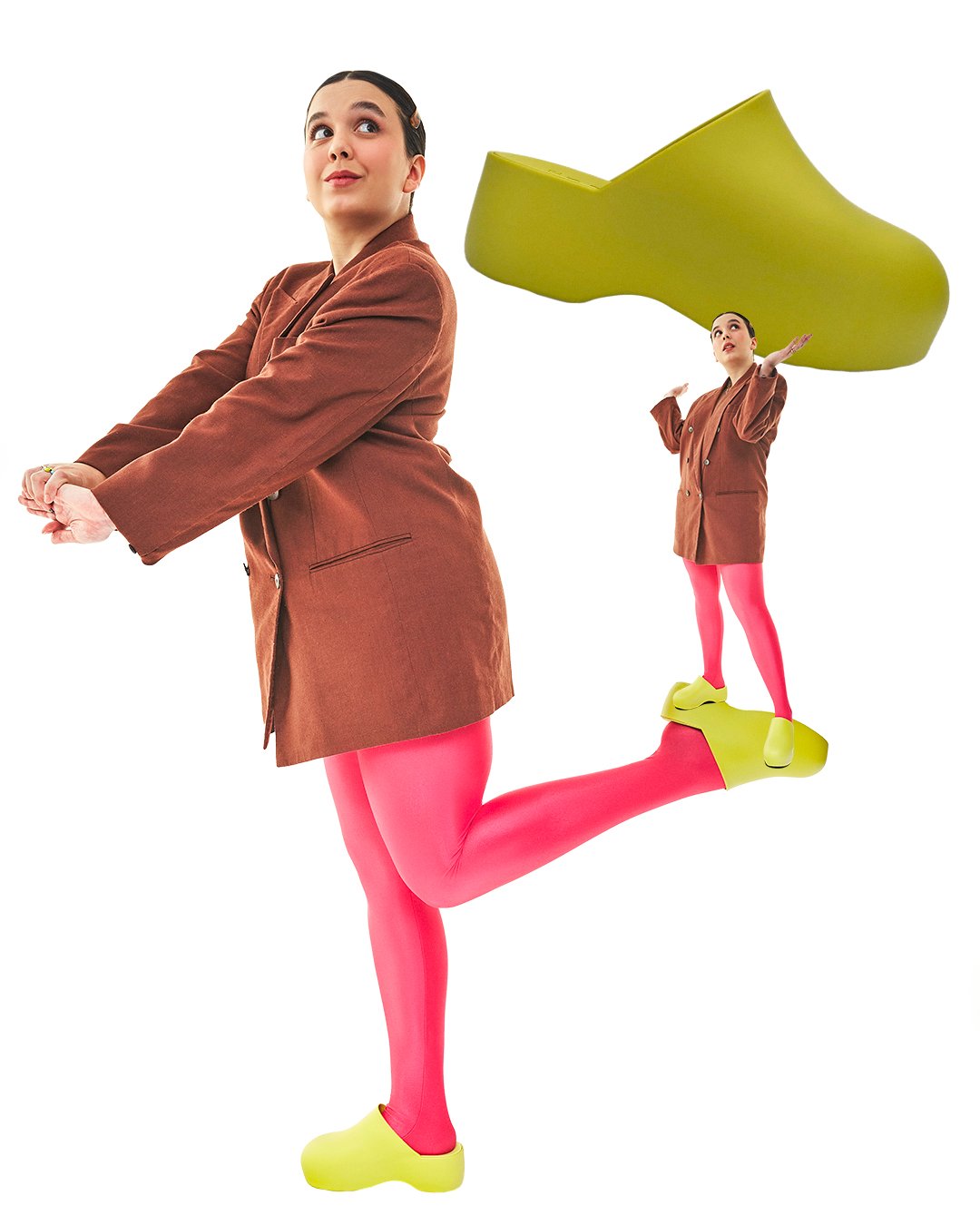 Isadora Diogenes - meia calça rosa, blazer marrom e clog verde - sapato tendência - Outono - em pé em um fundo branco - https://stealthelook.com.br