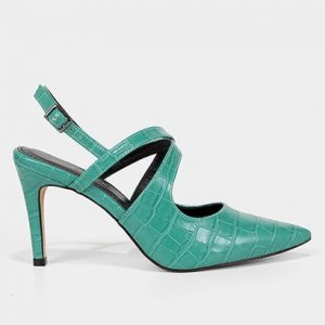 Scarpin Shoestock Slingback Tiras Cruzadas Croco - Feminino - Verde