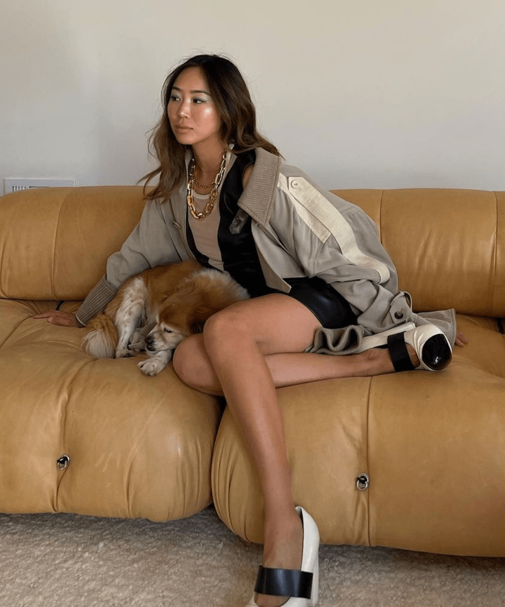 Aimee Song - jaqueta marrom, vestido preto e sandalias - casacos de inverno - Inverno  - sentada em um sofá com um cachorro - https://stealthelook.com.br