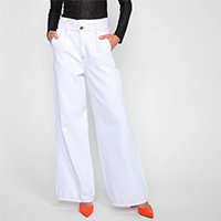 Calça Jeans Pantalona Ecxo Cintura Alta Feminina - Branco