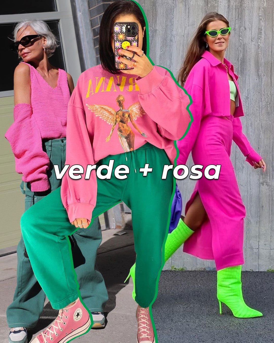 Yolande Macon - saia rosa, top branco, blazer verde e botas - tendências de moda - Primavera - em pé na rua - https://stealthelook.com.br