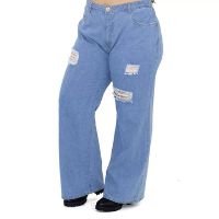 Calça Jeans Wide Leg Destroyed Plus Size Feminina You Jeans - Azul
