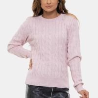 Tricô Blusa Pink Tricot Com Manga Longa e Gola Careca Tranças Feminino - Rosa Claro