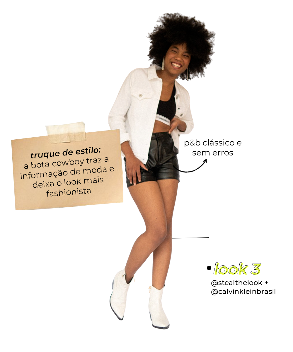 May Souza - shorts de p.u, jaqueta e botas western - top Calvin Klein - Verão - foto em fundo branco - https://stealthelook.com.br