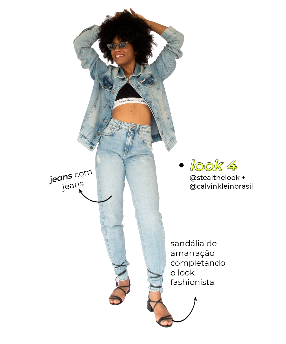 May Souza - look all jeans e sandália de amarração - top Calvin Klein - Verão - foto em fundo branco - https://stealthelook.com.br