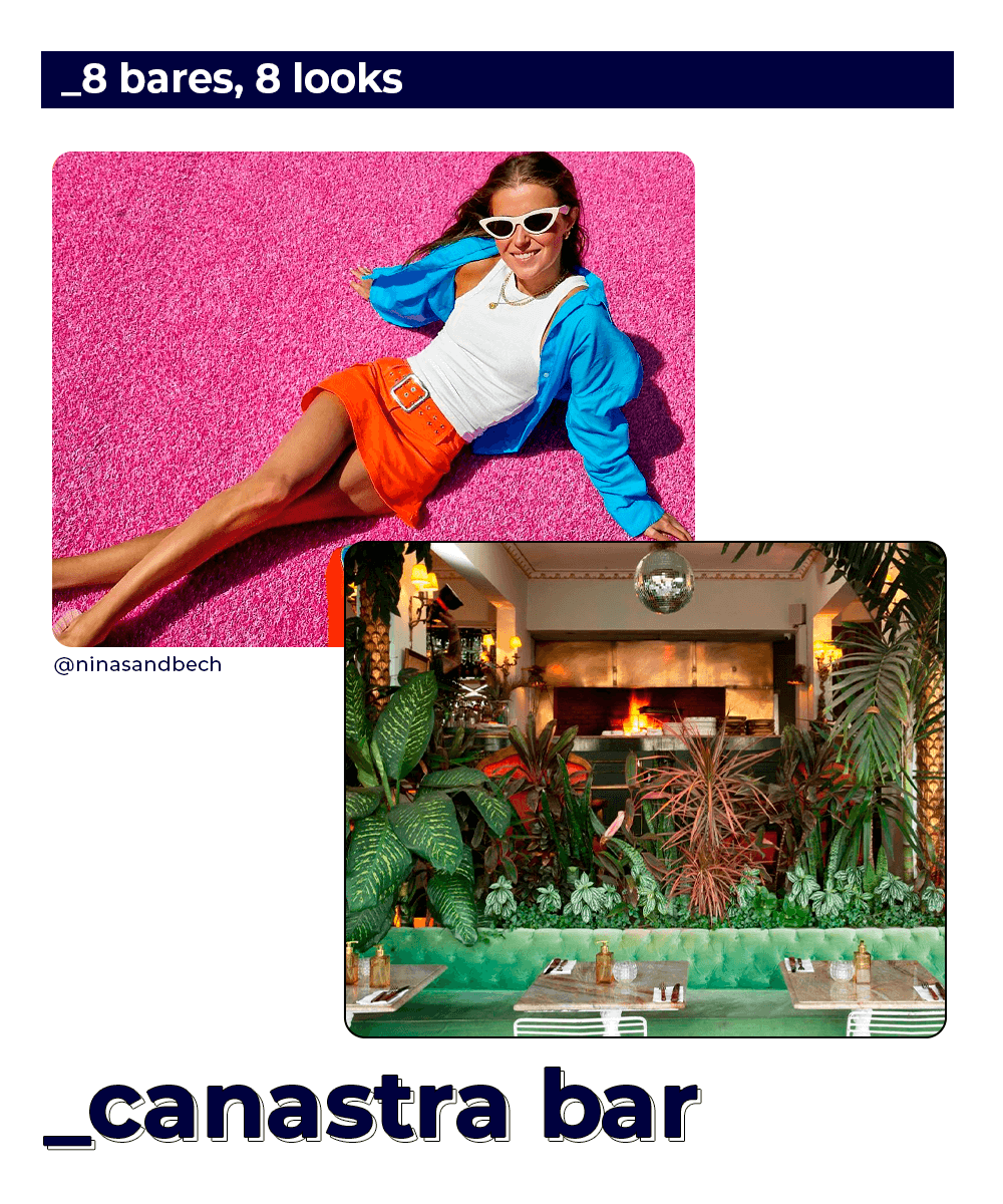 Nina Sandbech - saia laranja curta, regata branca e jaqueta azul - dia dos solteiros - Verão - deitada em uma quadra - https://stealthelook.com.br