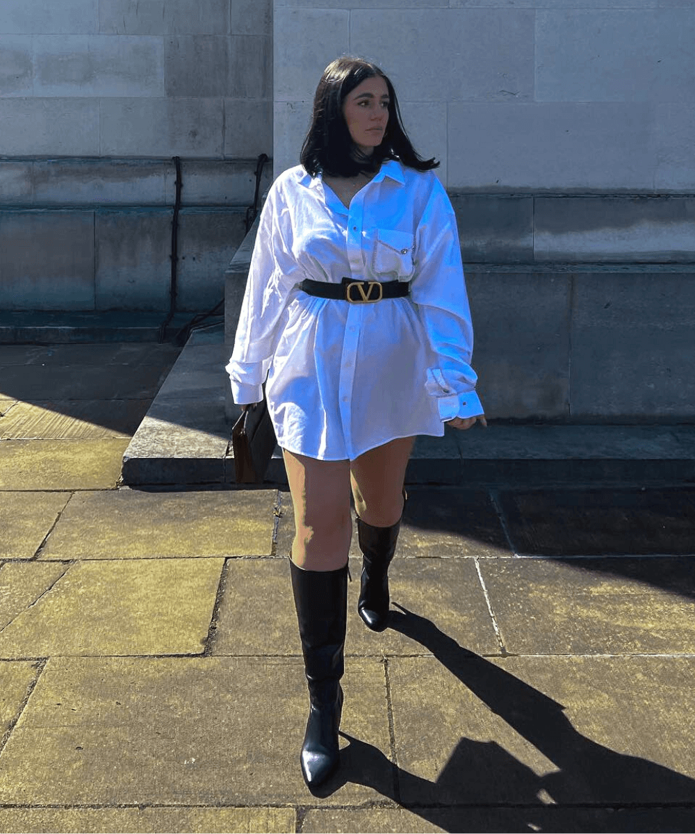 Grace Surguy - chemise com cinto e bota  - acessórios tendência - Inverno 2022 - na rua - https://stealthelook.com.br