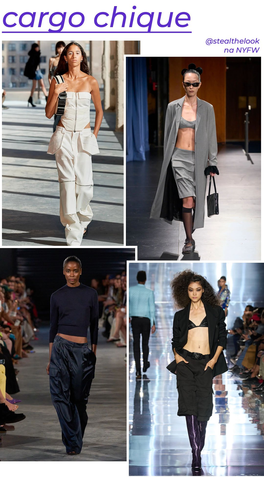 Dion Lee - calça cargo off white, top sem alças e bolsa - tendências de moda - Primavera - modelo andando pela passarela - https://stealthelook.com.br