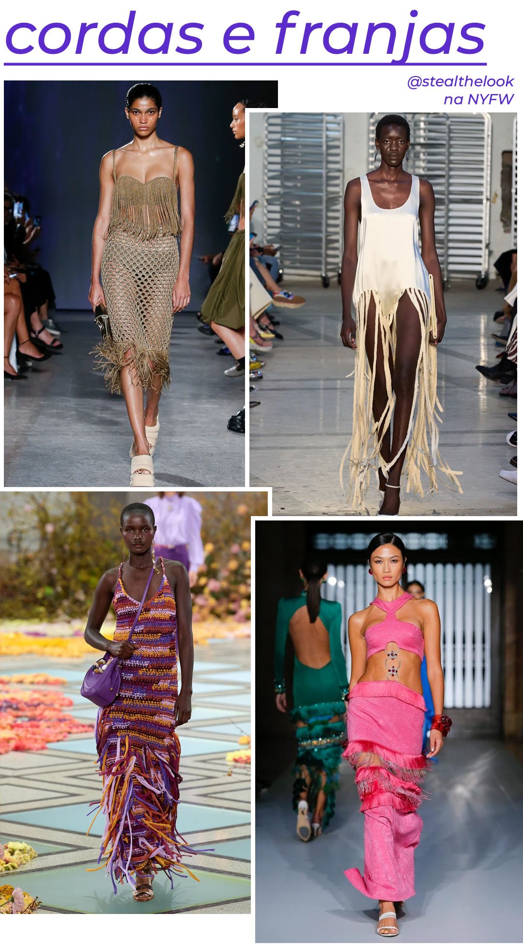 Proenza Schouler - saia de corda dourada e top de franjas - tendências de moda - Primavera - modelo andando pela passarela - https://stealthelook.com.br