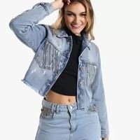 Jaqueta Jeans Cropped com Franja e Strass Sawary Azul