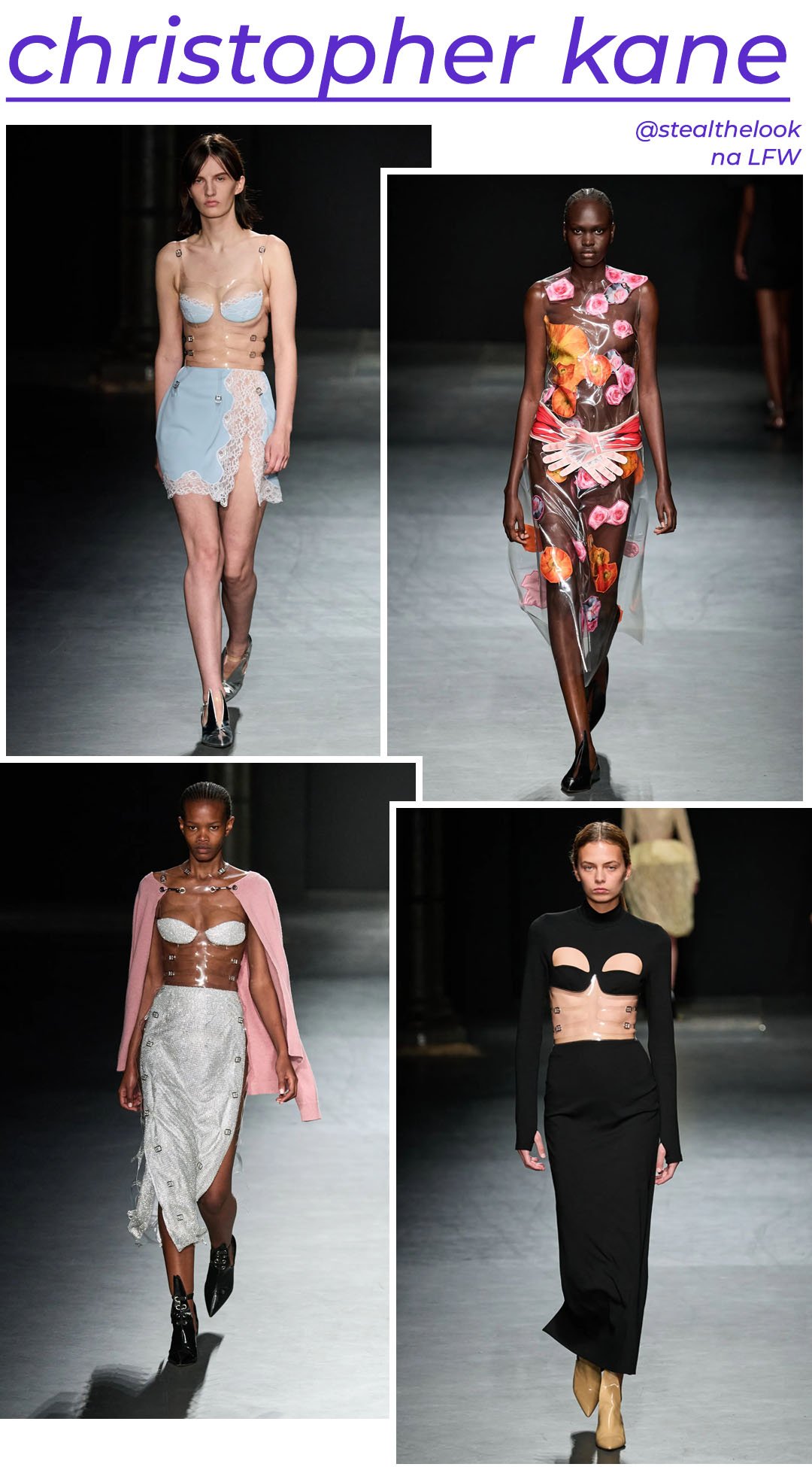 Christopher Kane S/S 2023 - roupas diversas - London Fashion Week - Primavera - modelo andando pela passarela - https://stealthelook.com.br