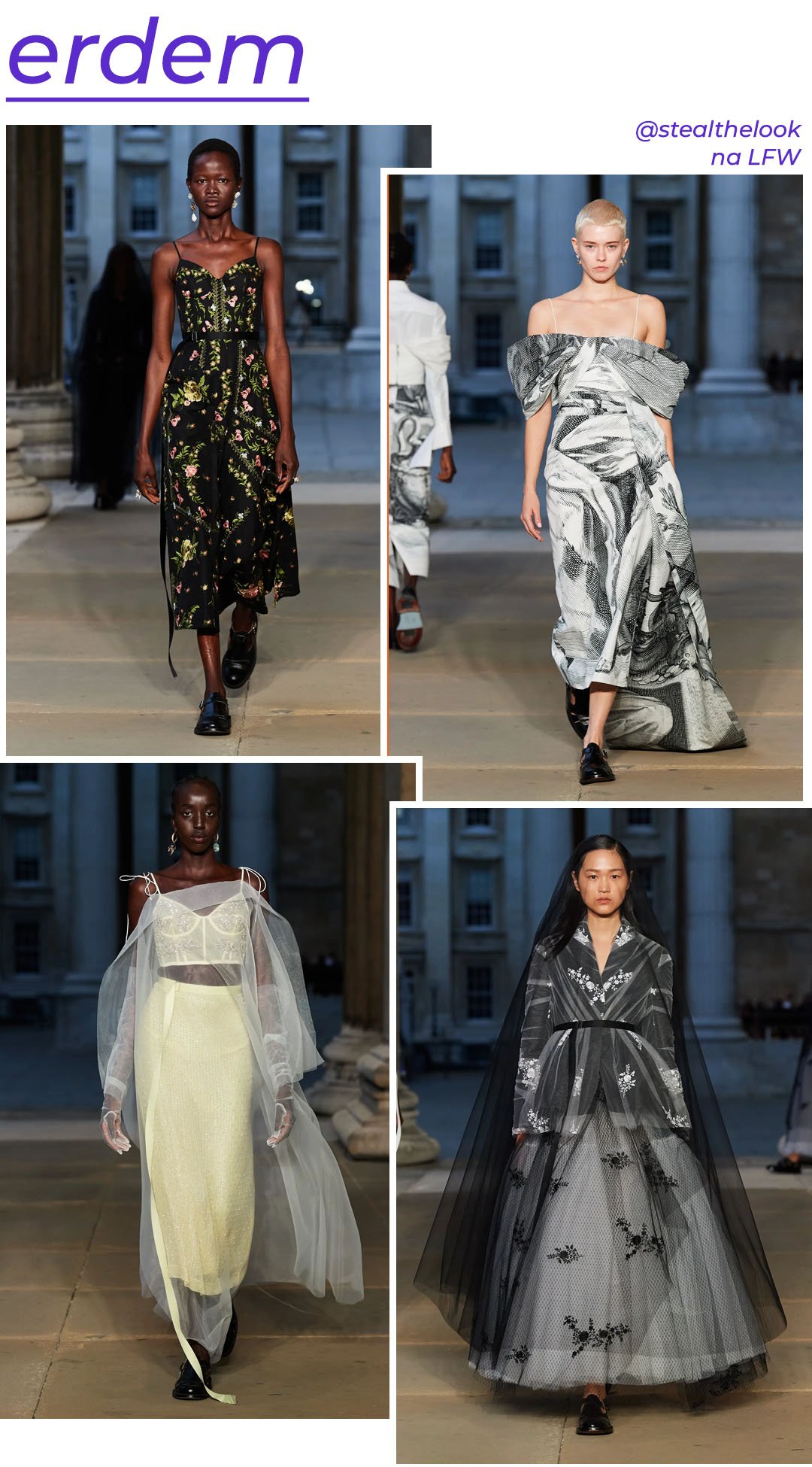 Erdem S/S 2023 - roupas diversas - London Fashion Week - Primavera - modelo andando pela passarela - https://stealthelook.com.br