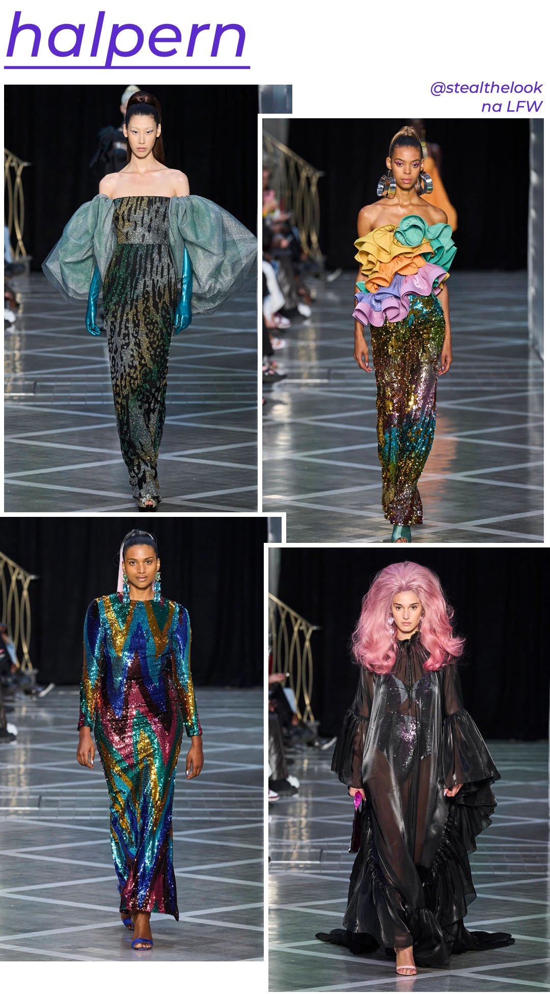 Halpern S/S 2023 - roupas diversas - London Fashion Week - Primavera - modelo andando pela passarela - https://stealthelook.com.br