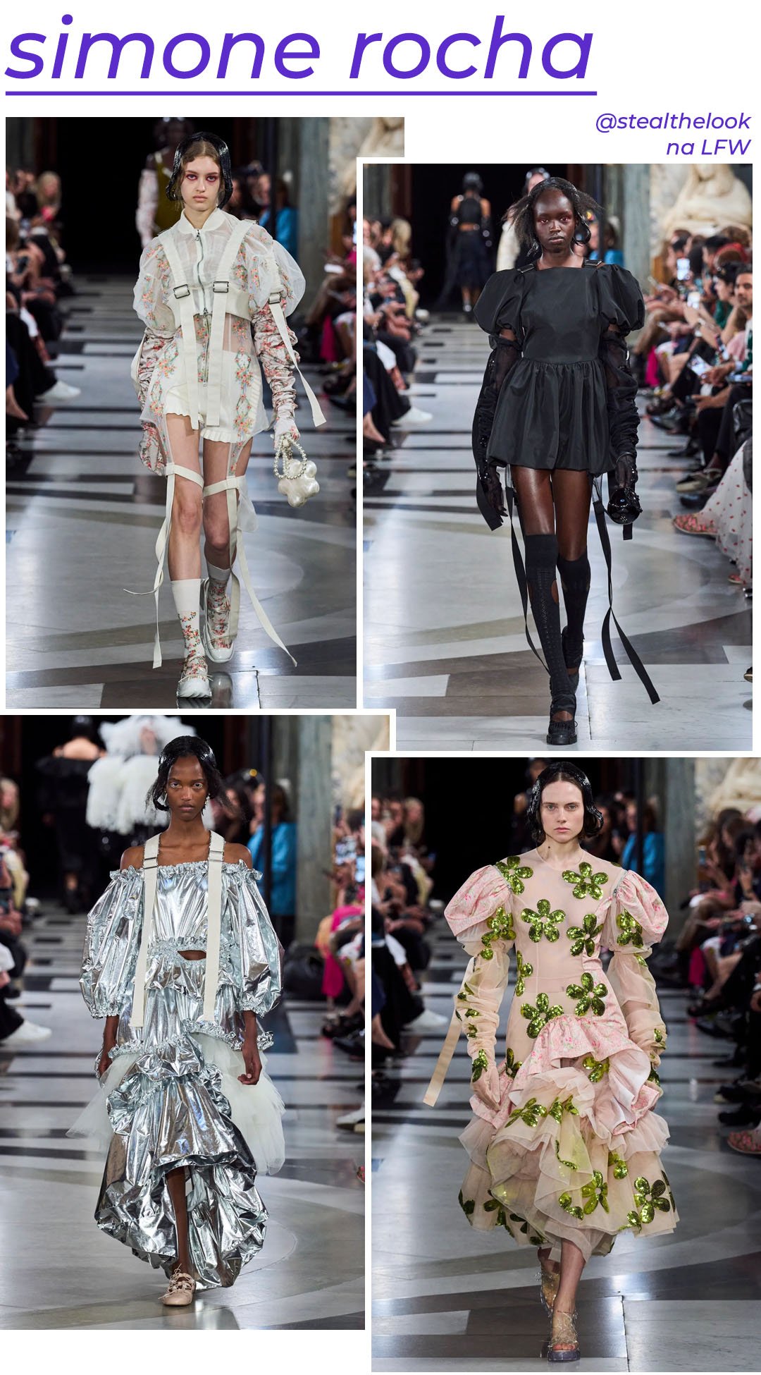 Simone Rocha S/S 2023 - roupas diversas - London Fashion Week - Primavera - modelo andando pela passarela - https://stealthelook.com.br