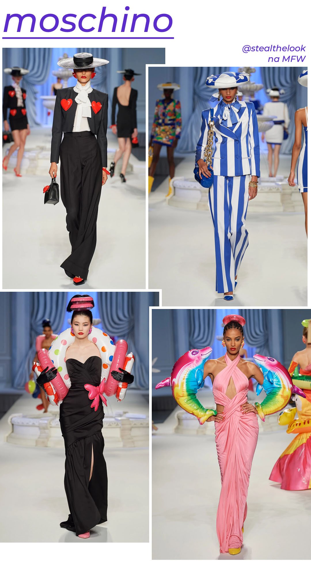 Moschino S/S 2023 - roupas diversas - Milano Fashion Week - Primavera - modelo andando pela passarela - https://stealthelook.com.br