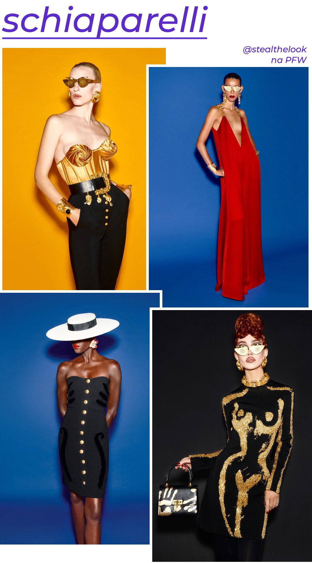 Schiaparelli S/S 2023 - roupas diversas - Paris Fashion Week - Primavera - modelos posando em cenários coloridos - https://stealthelook.com.br