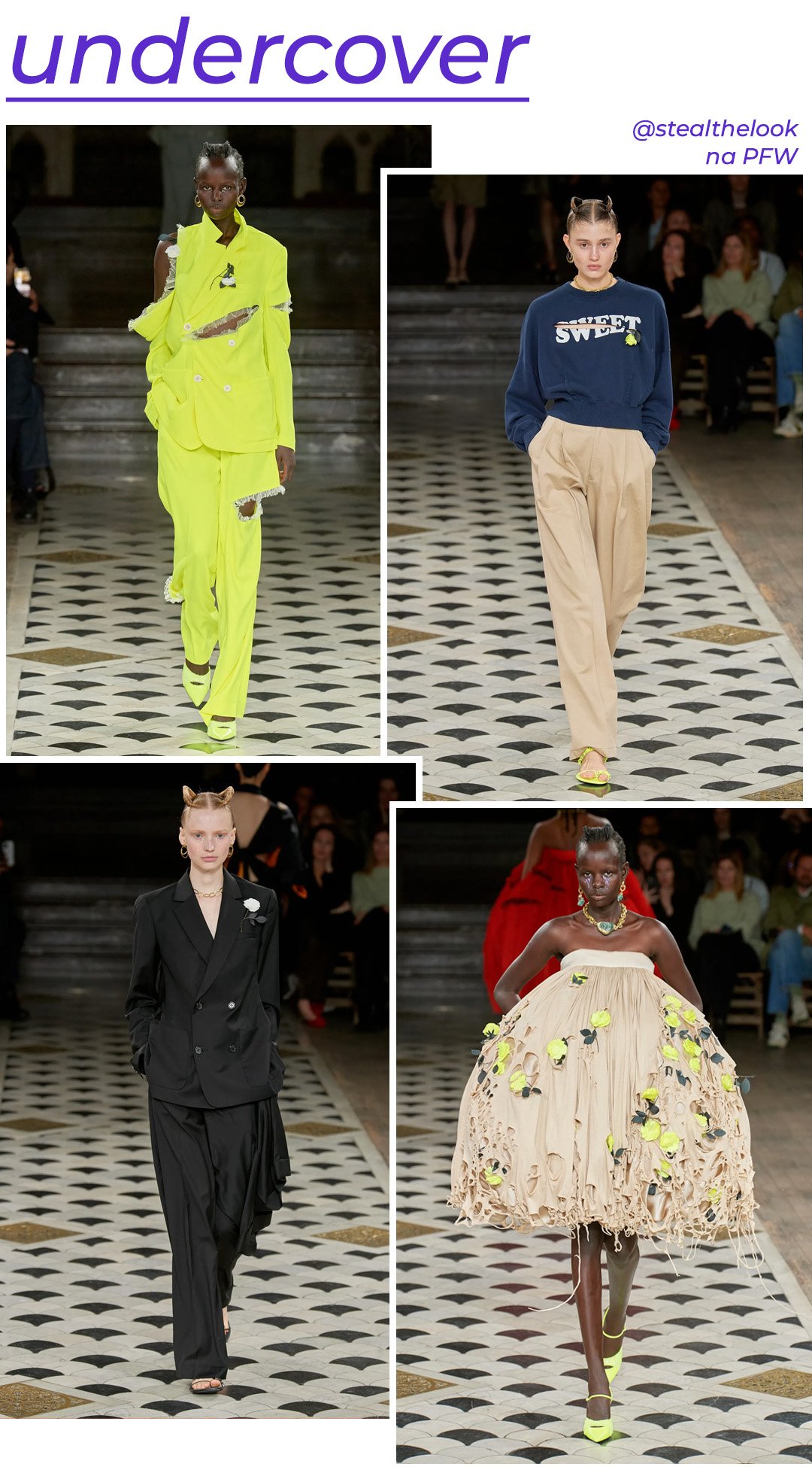 Undercover S/S 2023 - roupas diversas - Paris Fashion Week - Primavera - modelo andando pela passarela - https://stealthelook.com.br