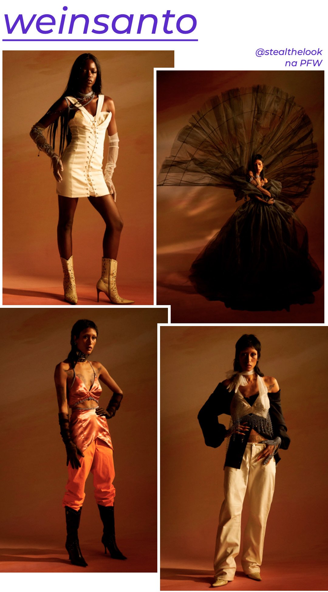 Weinsanto S/S 2023 - roupas diversas - Paris Fashion Week - Primavera - modelos posando em fundo laranja - https://stealthelook.com.br