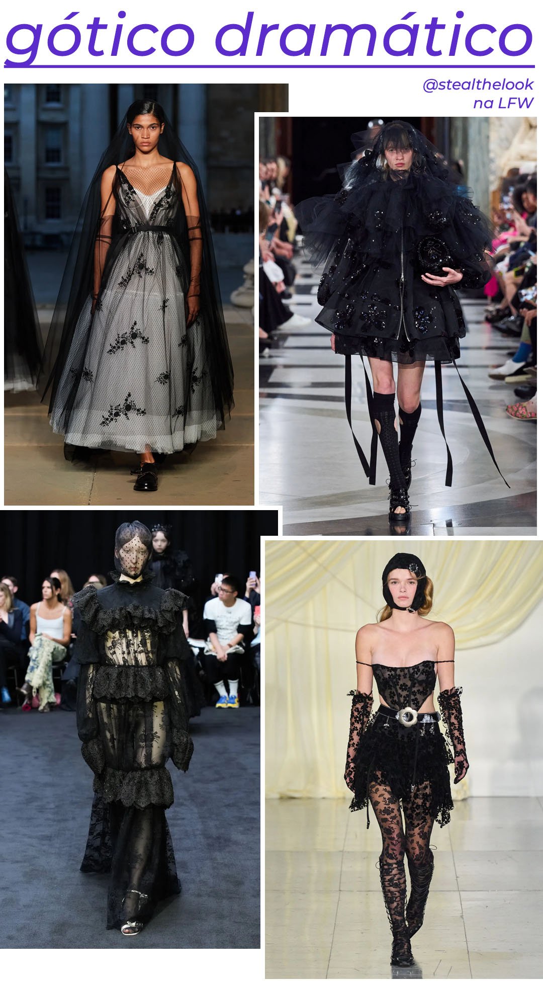 Erdem, Simone Rocha, Richard Quinn e Yuhan Wang - roupas pretas diversas - London Fashion Week - Primavera - modelo andando pela passarela - https://stealthelook.com.br