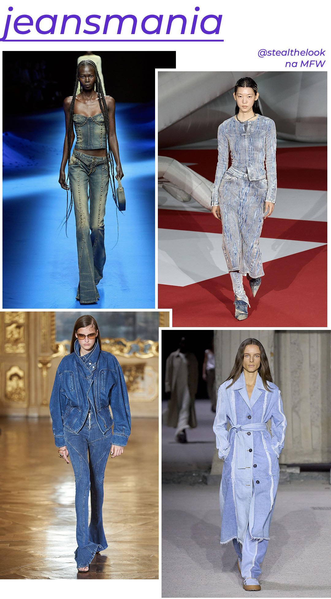Blumarine, Diesel, Ermanno Scervino e Trussardi - roupas diversas jeans - Milano Fashion Week - Primavera - modelo andando pela passarela - https://stealthelook.com.br