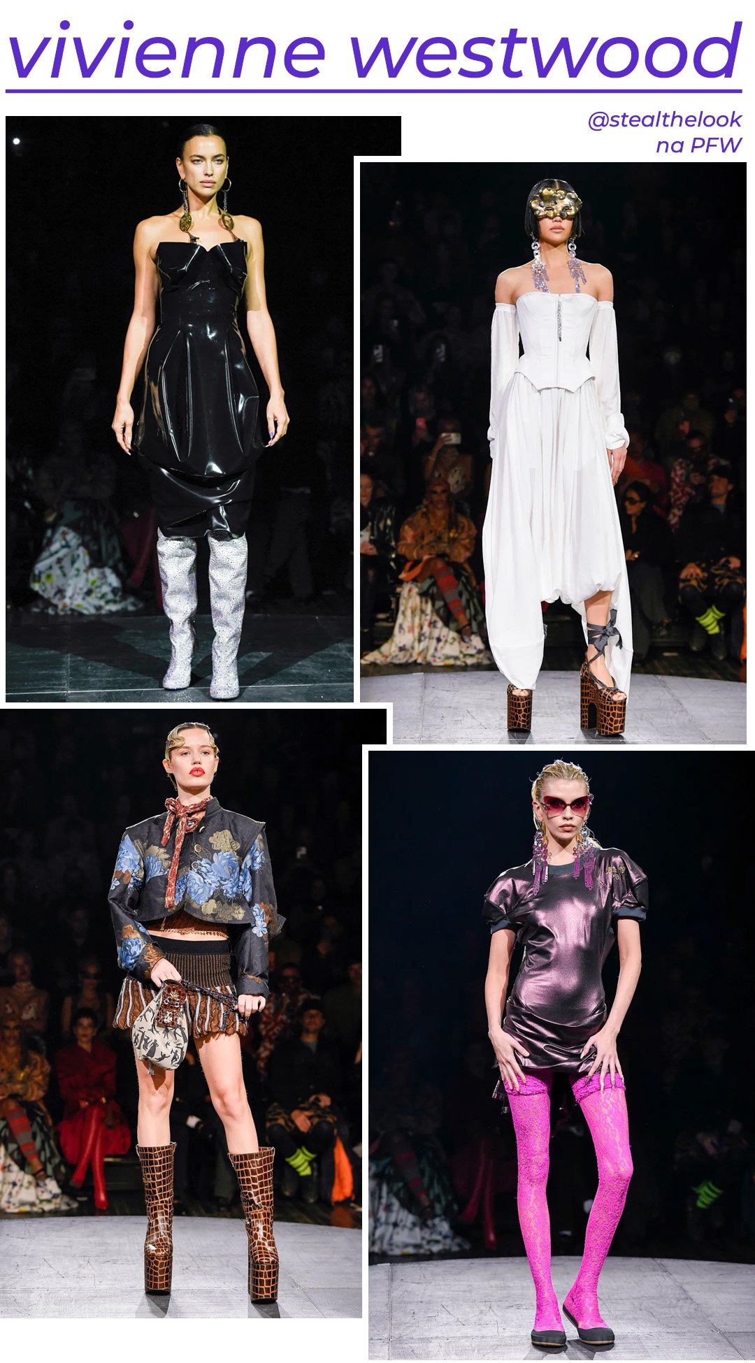 Andreas Kronthaler para Vivienne Westwood S/S 2023 - roupas diversas - Paris Fashion Week - Primavera - modelo andando pela passarela - https://stealthelook.com.br