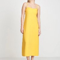 Vestido Midi Decote V Alças Finas Em Linho - Amarelo