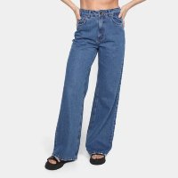 Calça Jeans Dzarm Pantalona Cintura Alta Feminina - Azul