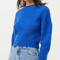 Blusão Suéter Curto Em Tricô E Cava Deslocada Azul