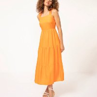 vestido midi decote reto alça franzida laranja