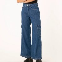 calça wide leg cargo jeans cintura super alta azul escuro