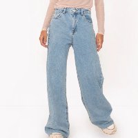 calça jeans wide leg cintura baixa azul médio