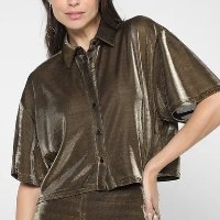 Camisa Cropped Colcci Metalizada Feminina - Dourado+Preto
