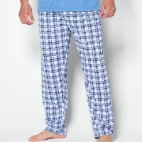 Pijama Masculino Adulto Blusa Manga Curta Lisa Calça Longa Comprida Estampada - Azul