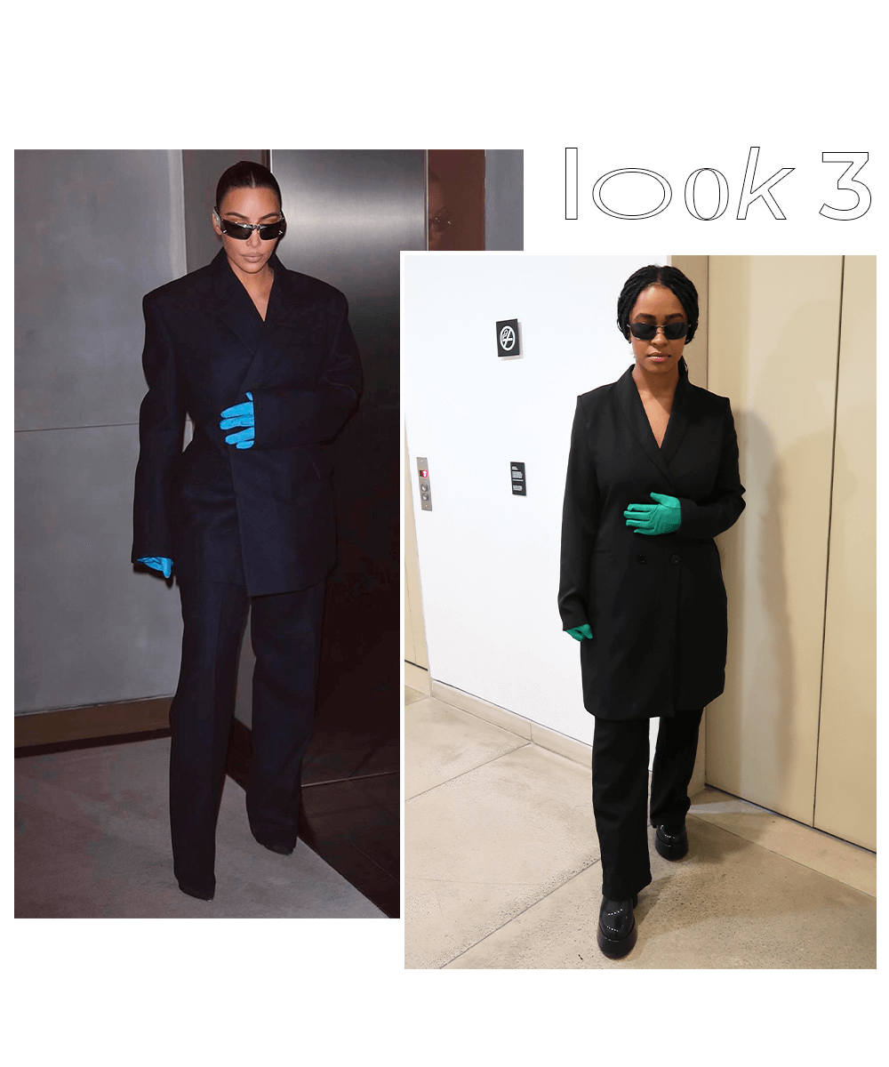 Kim Kardashian e Inaê Ribeiro - conjunto preto de alfaiataria, luvas coloridas e óculos escuros - looks infalíveis - outono - em pé - https://stealthelook.com.br