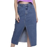 Saia Jeans Feminina Midi Fenda Frontal Scarlat - Azul