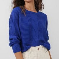 Suéter feminino de tricot com trança azul | AK by Riachuelo