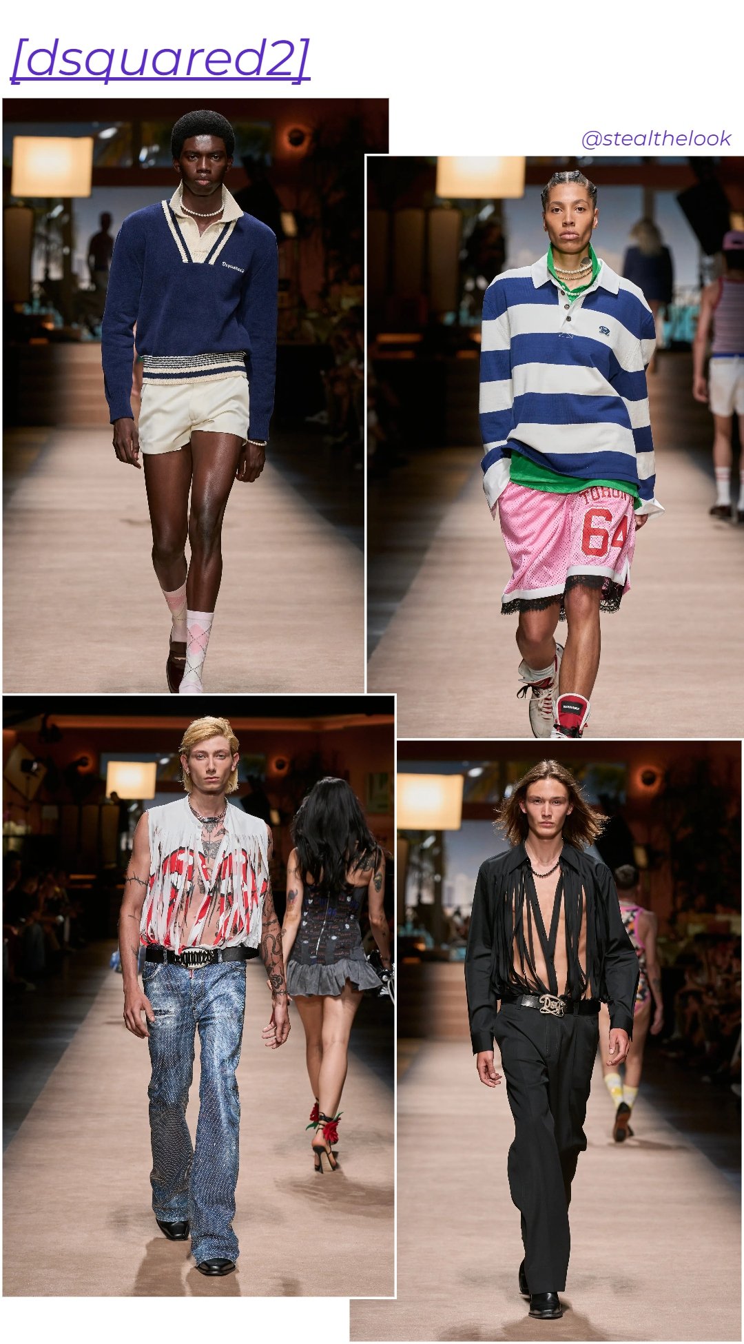 Dsquared2 Menswear S/S 2024 - roupas variadas da grife Dsquared2 - Semana de Moda Masculina - primavera - modelos andando na passarela - https://stealthelook.com.br