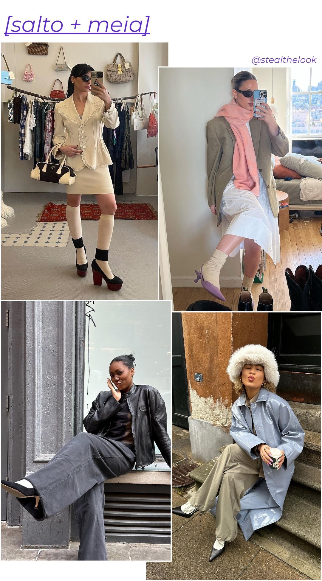 María Bernard, @goodwoodx, @chanelmckinsie e @elbavdh -     - tendência de moda - inverno - várias imagens de mulheres usando salto alto com meias - https://stealthelook.com.br