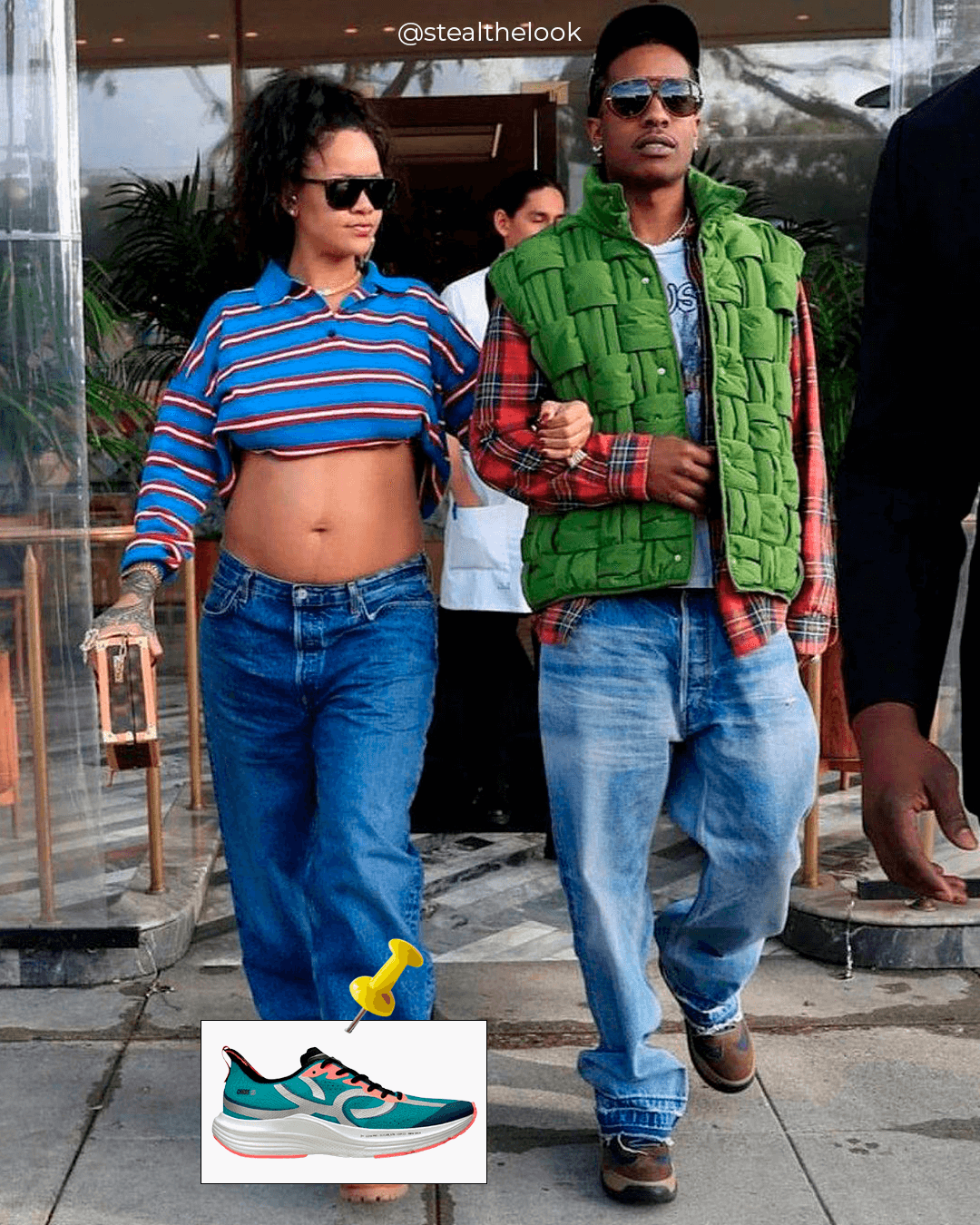 Rihanna e A$apy Rocky - calça baggy jeans, camisa polo listrada cropped e oculos de sol - tênis tendência - outono - andando na rua junto do marido - https://stealthelook.com.br