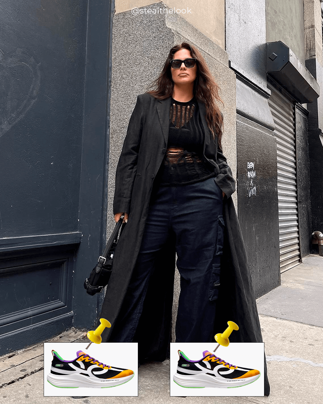 Ashley Graham - calça preta, casaco longo preto e tênis colorido - tênis esportivos - inverno - mulher em pé na rua usando óculos de sol - https://stealthelook.com.br