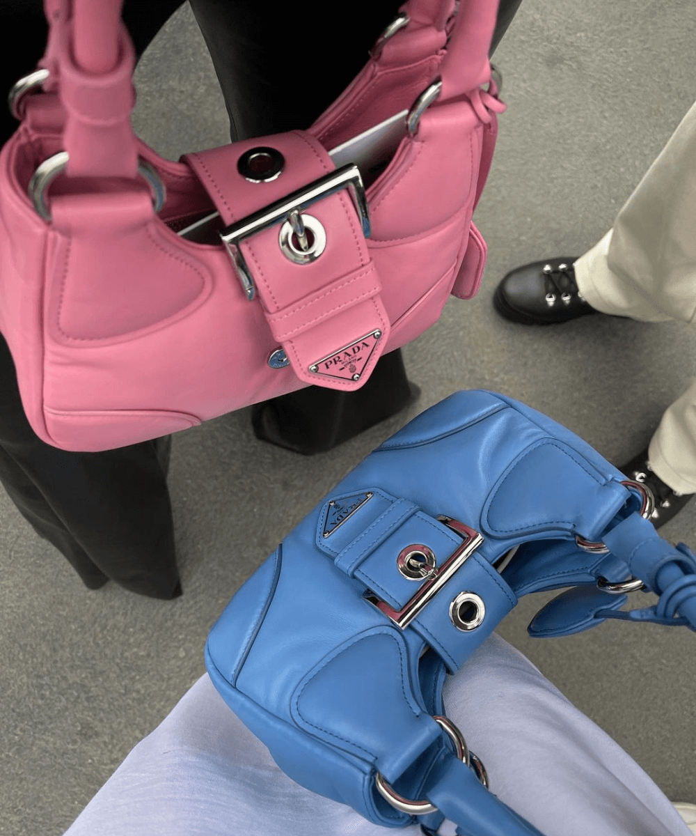 Emili Sindlev - bolsa de couro azul e rosa - peças de couro - outono - foto de duas bolsas coloridas, uma rosa e uma bolsa - https://stealthelook.com.br