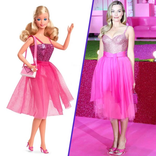 Atriz Margot Robbie posa com diversas roupas da boneca Barbie em