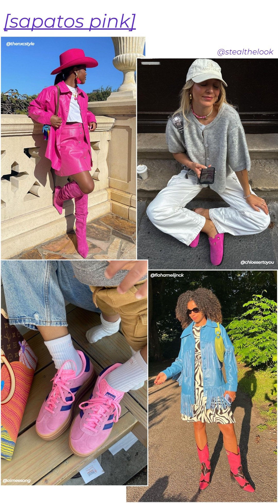 Sapatos pink - roupas diversas - sapato pink - inverno - colagem com quato mulheres diferentes usando sapatos cor-de-rosa - https://stealthelook.com.br