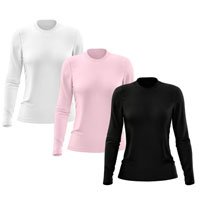 Kit 3 Camisetas Feminina Manga Longa Segunda Pele Térmica Proteção Solar UV 50 - Preto+Branco